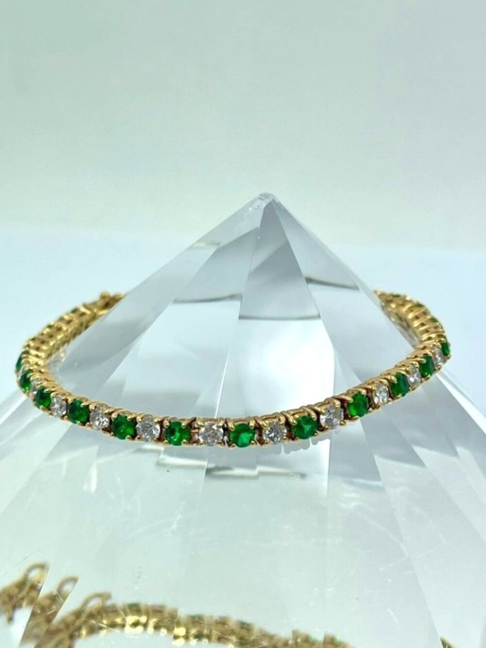 Vintage Green Clear 925 Sterling Silver Tennis Bracelet 7"